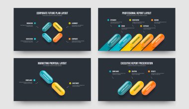 Digital Solution Four Five Two Three Element Infographic Slide Design Vector Illustration Collection. Modern Analysis 4 5 2 3 Option Diagram Presentation Template Set.