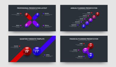 Enterprise Visualization 4 5 2 3 Element Infographic Slide Design Set. Bilim Tahminleri: Dört Beş İki Üç Adım Çerçeve Şablon Vektör Resimleme Koleksiyonu.