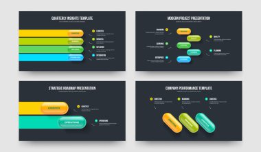 Yaratıcı Öngörü 4-5-2-3 Element Diyagramı Sunum Şablonu Vektör Resimleri Paketi. Yatırımcı Planı 4523 Seçenek Bilgisel Çerçeve Tasarımı Ayarları.