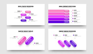 Dijital Strateji 4-5-2-3 Seçenek Slayt Gösterisi Vektör Çizim Paketi. Hizmet Kampanyası 4523 Adım Bilgi Kaydırma Tasarımı Koleksiyonu.