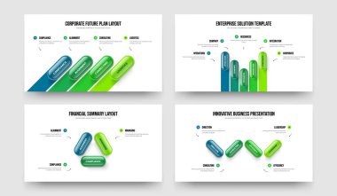 Proje Başlatma 453 Seçenek Diyagram Slayt Gösterisi Tasarım Koleksiyonu. Görsel Danışmanlık 4-5-3 Element Bilgi Kaydırma Şablonu Vektör Resimleme Paketi.