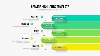 Şirket Analizi Çerçeve Düzeni Vektör İllüstrasyonu. Profesyonel Plan Beş Element Bilgi Slayt Gösterisi Şablonu. Pazarlama Büyümesi 5 Adım Diyagram Kaydırma Tasarımı.