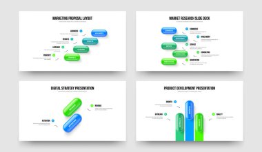 İş İçgörüsü 4-5-2-3 Basamaklı Tanıtım Şablonu Vektör Resimleri Paketi. Proje Tahminleri 4523 Element Diyagramı Çerçeve Düzeni Ayarları.
