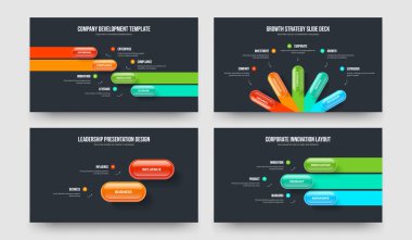 Danışmanlık Geliştirme 4-5-2-3 Seçenek Bilgi Şablonu Vektör İllüstrasyon Koleksiyonu. Girişim Genel Görünümü 4523 Element Diyagramı Slayt Gösterisi Yerleşimi.