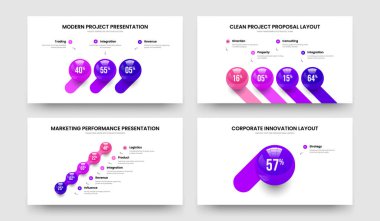 Satış Fırlatma 3-4-5 Element Grafik Gösterisi Şablon Vektör Resimleri Paketi. Yaratıcı Profil 3415 Adım Çerçeve Düzeni Ayarları.