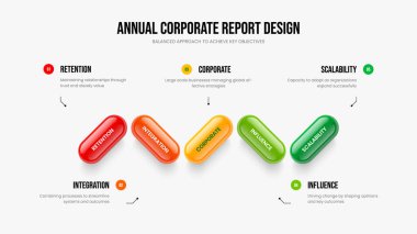 Görsel Teklif Sunum Şablonu Vektör İllüzyonu. Profesyonel Giriş 5 Adım Diyagram Slayt Gösterisi Düzeni. Girişim Planlama Beş Element Bilgi Kaydırma Tasarımı.