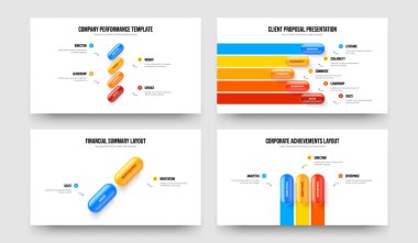 Kurumsal Analiz 4-5-2-3 Element Bilgi Sunumu Tasarım Vektör İllüstrasyon Koleksiyonu. İş İcat 4523 Seçenek Diyagramı Slayt Düzeni Paketi.