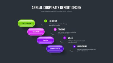 Yatırımcı Planlama 4 Adım Diyagram Sunum Düzeni. Ürün Görselleştirme Dört Element Bilgi Şablonu. Profesyonel Analiz Slaytı Tasarım Vektörü İllüstrasyonu.