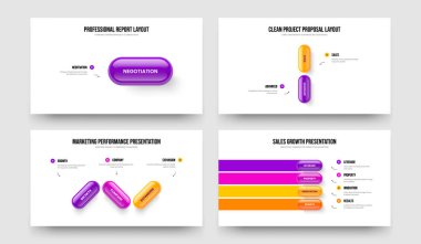 Reklam Raporu 1234 Basamaklı Diyagram Slayt Gösterisi Düzenleme Koleksiyonu. Ürün Gözden Geçirme 1, 2, 3, 4, Element Bilgi Çerçeve Tasarım Vektör İllüstrasyon Paketi.