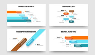 Atılgan Planlama 4523 Seçenek Bilgi Sunumu Tasarım Koleksiyonu. Proje İncelemesi 4-5-2-3 Element Diyagram Slayt Gösterisi Şablon Vektör Resimleri Paketi.