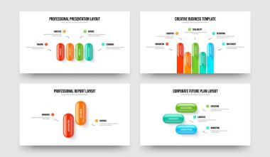 Profesyonel Kampanya 4523 Adım Tanıtım Şablonu Paketi. Atılgan Planlama 4-5-2-3 Element Diyagram Kaydırma Tasarımı Vektör Resimleri Koleksiyonu.