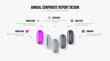 Satışlar Fırlatma Sunum Şablonu Vektör İllüzyonu. Danışmanlık Çözümü 5 Seçenek Bilgi Kaydırağı Tasarımı. Pazarlama Analizi Beş Adım Slayt Gösterisi Düzeni.
