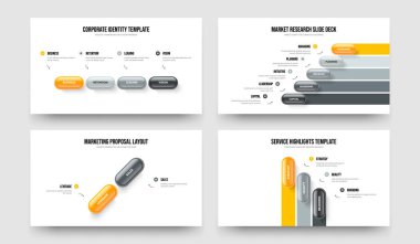 Yaratıcı Planlama 4523 Seçenek Slayt Gösterisi Şablon Koleksiyonu. Reklam Gösterimi 4-5-2-3 Element Diyagramı Çerçeve Tasarım Vektörü Çizim Paketi.