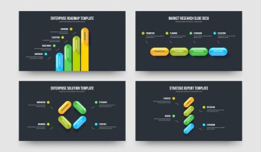 Şirket Kampanyası Dört Element Bilgi Çerçeve Şablonu Vektör İllüstrasyon Kümesi. Dijital Plan 4 Seçenek Diyagram Slayt Gösterisi Tasarım Koleksiyonu.