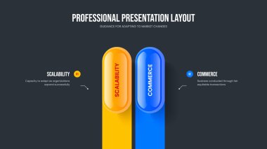 Pazar Büyümesi Slayt Tasarım Vektörü İllüstrasyonu. Atılgan Stratejisi 2 Seçenek Slayt Gösterisi Planı. Dijital Rapor İki Element Bilgi Sunum Şablonu.