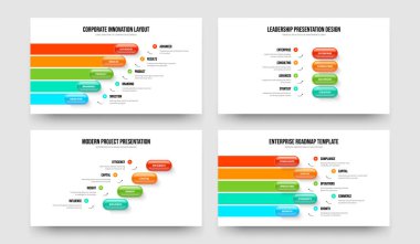 Modern Teklif 54 Seçenek Diyagramı Sunum Şablonu Paketi. Yatırımcı Performansı Beş Dört Adım Bilgi Kaydırağı Tasarım Vektör Çizimi Koleksiyonu.