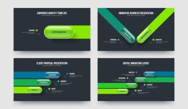 Proje Önerisi 1234 Adım Tanıtım Şablonu Koleksiyonu. Şirket Giriş 1-2-3-4 Element Diyagram Çerçeve Tasarım Vektör İllüstrasyon Paketi.