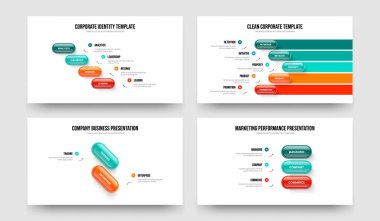 İş Önerisi 4523 Element Infographic Slayt Gösterisi Tasarım Seti. Kurumsal Strateji 4-5-2-3 Seçenek Kayan Şablon Vektör Resimleme Koleksiyonu.