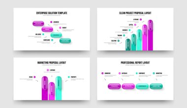 Yatırımcı Gösterisi Dört Beş Adım Slayt Gösterisi Şablon Vektör İllüstrasyon Koleksiyonu. Pazar Görselleştirme 453 Seçenek Diyagramı Sunum Tasarım Paketi.