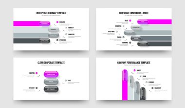 İş Raporu 4-5-3 Element Bilgi Sunumu Tasarım Vektör Resimleri Koleksiyonu. Pazar Önerisi 453 Adım Diyagram Slayt Şablonu Ayarla.