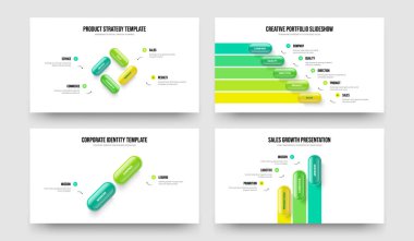 Reklam İcadı 4523 Element Diyagram Slayt Gösterisi Tasarım Koleksiyonu. İş Fırlatma 4-5-2-3 Adım Bilgi Kaydırma Düzeni Vektör Çizimi.