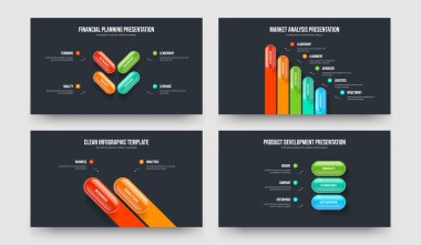 Yatırımcı tahminleri dört beş iki üç seçenekli bilgi slaytı tasarım vektörü çizimi. Enterprise Performans 4523 Element Diyagramı Slayt Gösterisi Şablonu Paketi.