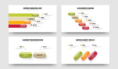 Advertising Forecast Four Five Two Three Option Diagram Presentation Layout Vector Illustration Collection. Creative Insight 4 5 2 3 Element Infographic Slideshow Design Set.