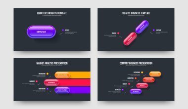 Market Analysis One Two Three Four Step Diagram Slideshow Design Vector Illustration Collection. Corporate Review 1 2 3 4 Option Infographic Slide Template Set.