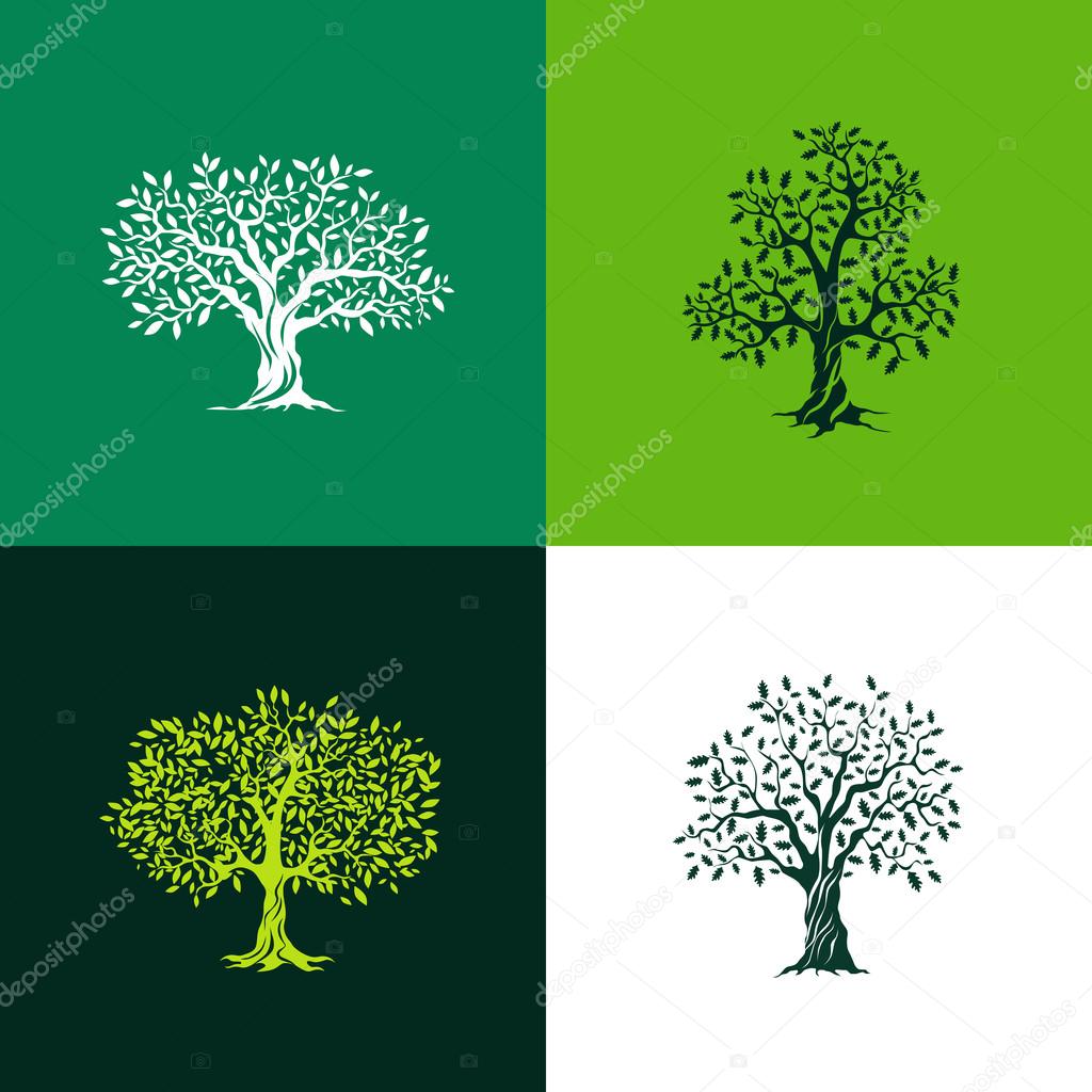 oak and olive trees silhouette set