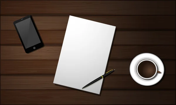 Бумага, ручка, смартфон и кофе на темно-коричневом столе. Вектор шаблона верхнего вида . — стоковый вектор