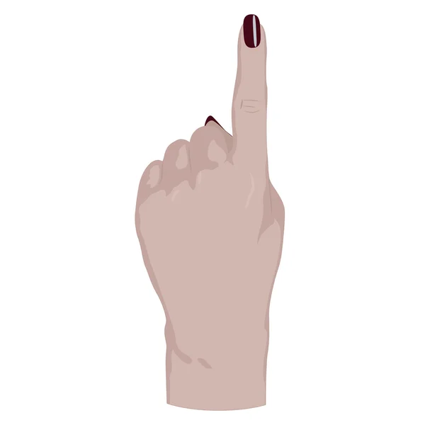 Mano de mujer vectorial con esmalte de uñas rojo en las uñas que muestra el número uno sobre un fondo blanco — Vector de stock