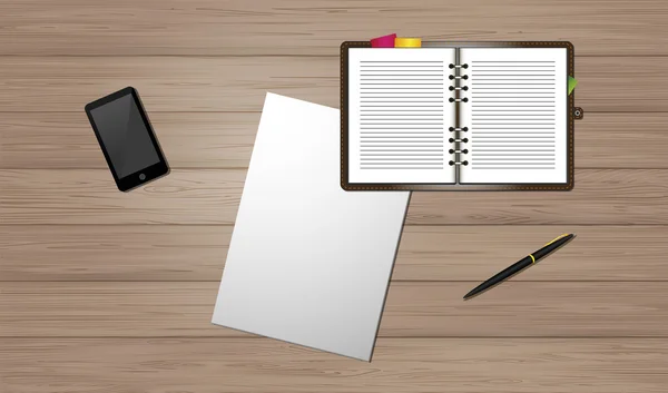 Telefon notebook ív papírt és egy tollat, egy fából készült asztallap nézet. — Stock Vector