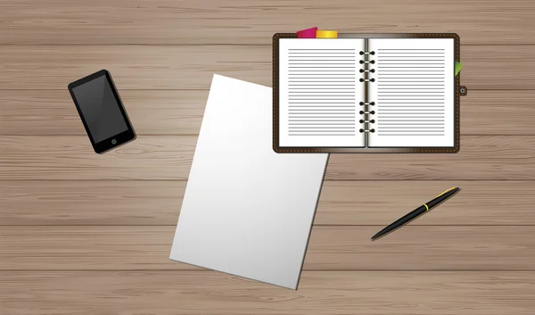 Telefon defter sayfası kağıt ve kalem bir ahşap masa üstü görünümü.