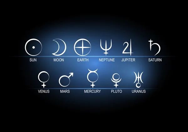 Gezegenlerin astronomik sembolleri vektör çizim ile mavi arka plan siyah beyaz ayarla.