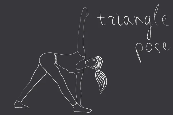 瑜伽素描用白色粉笔，在黑板上。三角式姿势 — 图库矢量图片