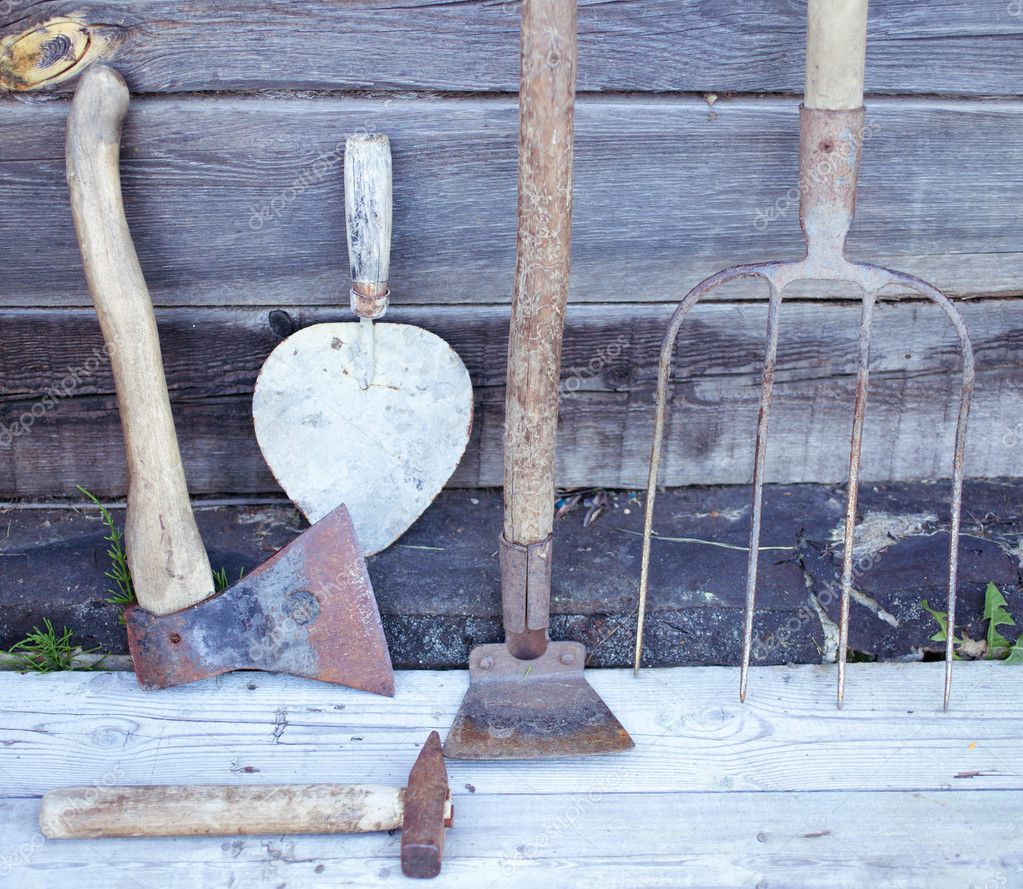 The Old Garden Tool On A Wooden Background Top View Vintage The Old Garden Tool On A Wooden Background Top View Vintage Composition