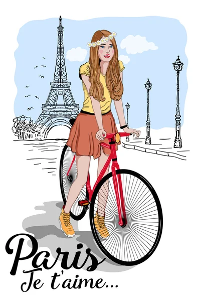 Cartaz com menina em bicicleta e torre eiffel —  Vetores de Stock