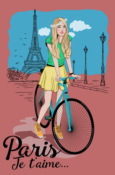 Cartaz com menina em bicicleta e torre eiffel —  Vetores de Stock