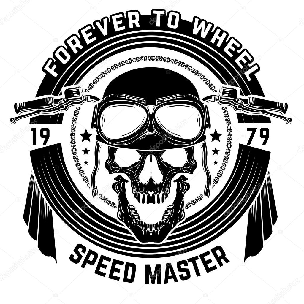 Vintage Biker Skull and Piston's Emblem in black and white