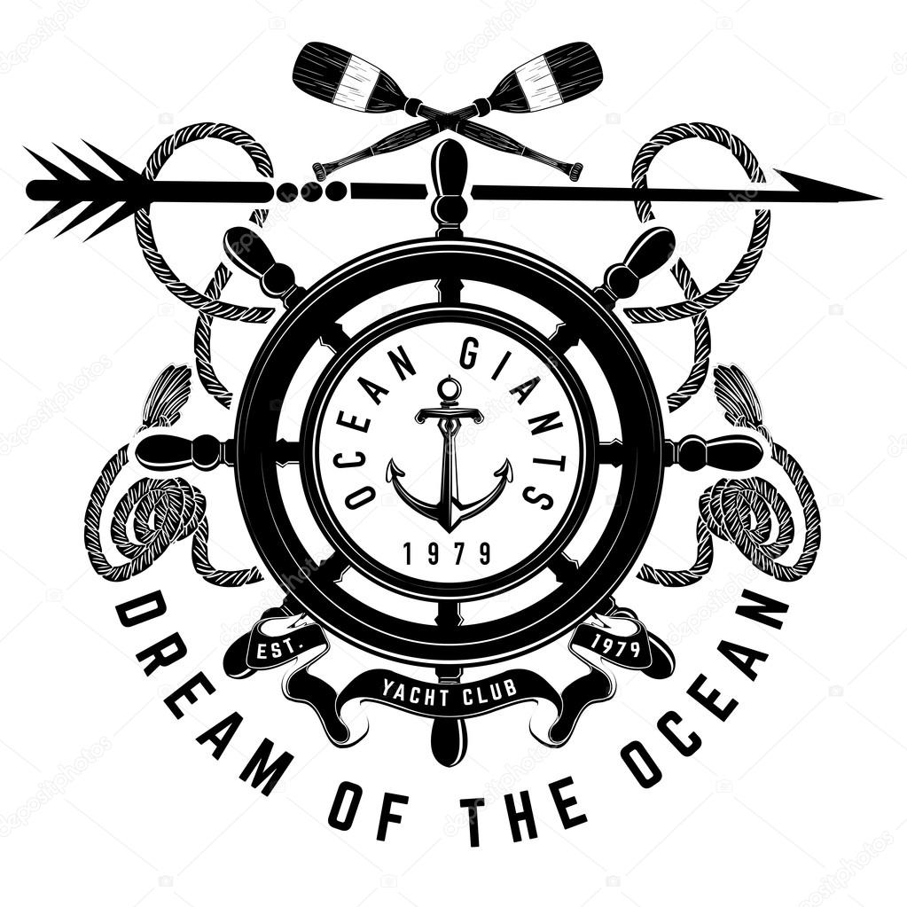 Nautical logo with a lighthouse and anchor, black and white, vector