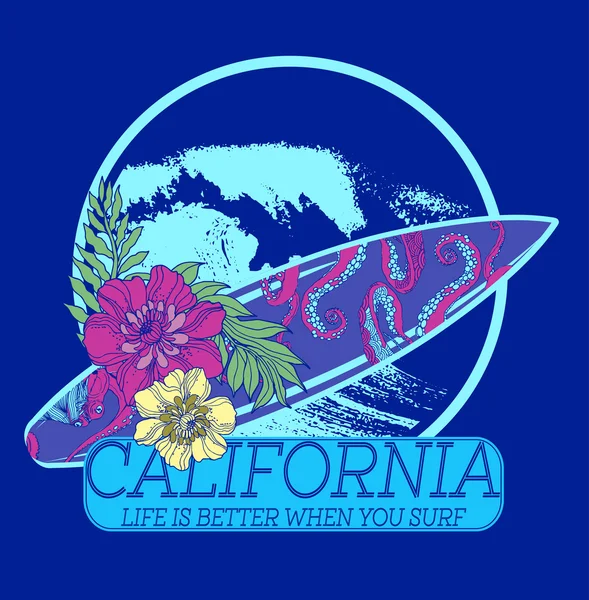 서핑 캘리포니아 인쇄 술, t-셔츠 그래픽 — 스톡 벡터