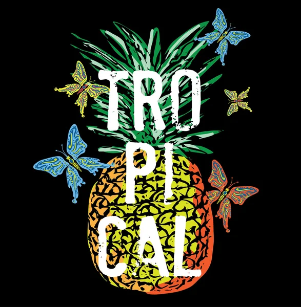 Farfalle tropicali e ananas Graphic Design — Vettoriale Stock