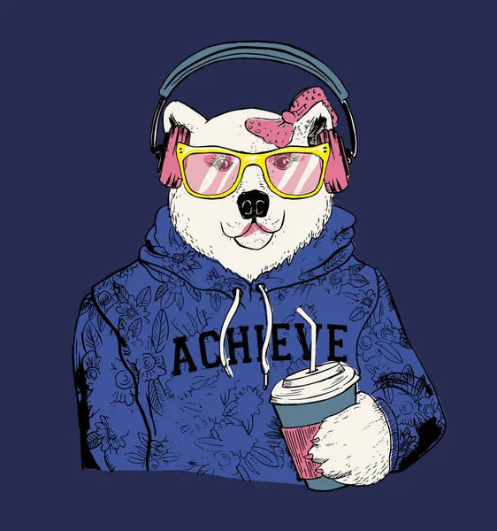 Ilustración Chica Joven Oso Polar Con Bebida Hand Teen Camiseta — Archivo Imágenes Vectoriales