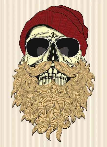 Crânio com barba marrom em chapéu vermelho —  Vetores de Stock