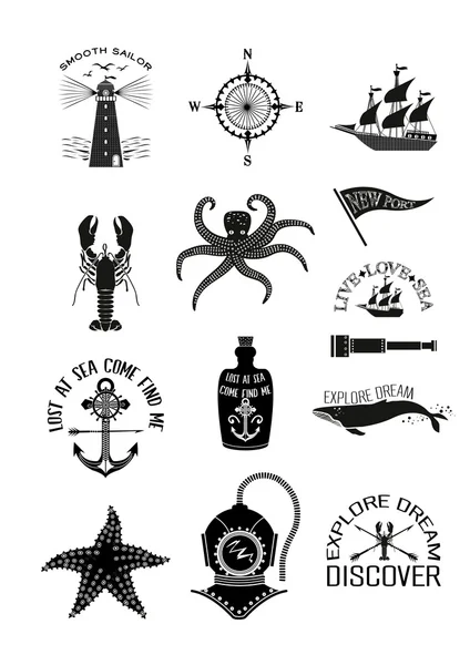 Set of marine labels and stamps — Stock Vector