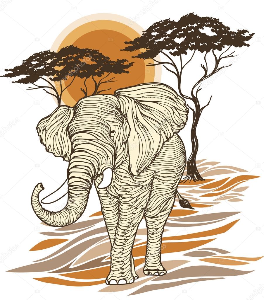 Carved elephant with sun and trees