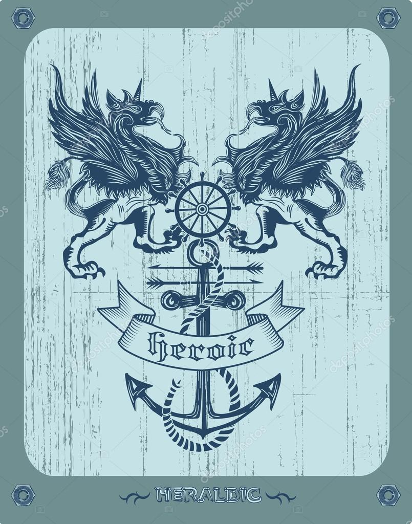 Heraldic nautical emblem in retro medieval style