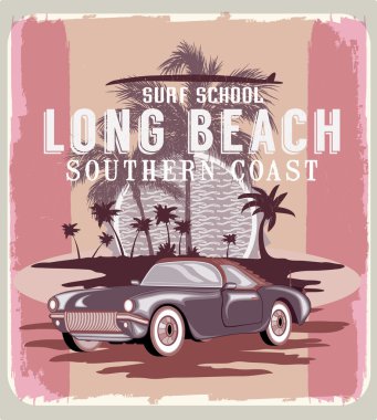 Surf School Long beach with retro car vector