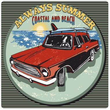 Red car with surfboard on the top vector