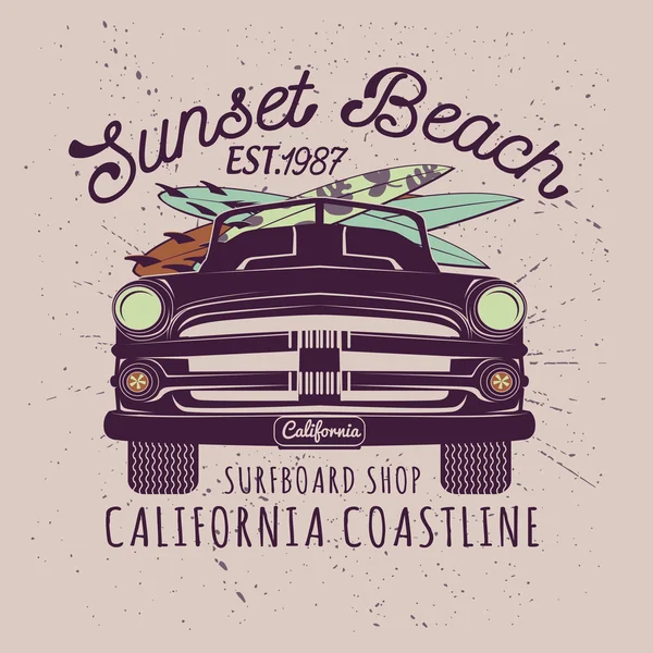 Ilustración de Surf con coche retro — Vector de stock